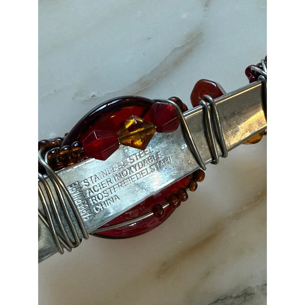 Vintage Faberware Y2K Decorative Beaded Cake Knife & Server Set Red Amber